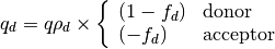 q_d = q\rho_d \times \left\{
 \begin{array}{ll}
     (1-f_d) & \mbox{donor} \\
     (-f_d) & \mbox{acceptor}
 \end{array}
 \right.